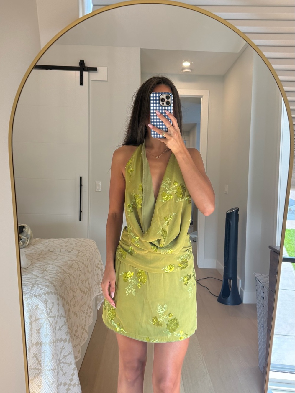 Halter Drape Mini Dress in Green with Floral Embroidery
